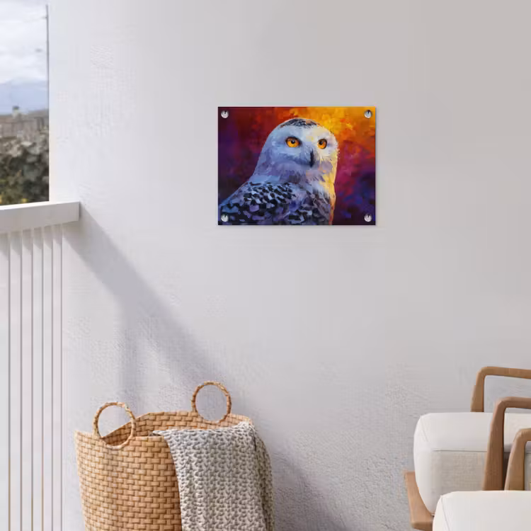 Sneeuwuil - Schilderij - Kleurrijk - Wit tuinposter los doek klein -sfeer8