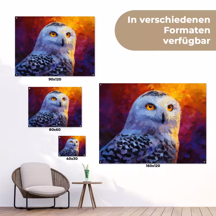 Sneeuwuil - Schilderij - Kleurrijk - Wit tuinposter los doek klein -Xsfeer9_DE