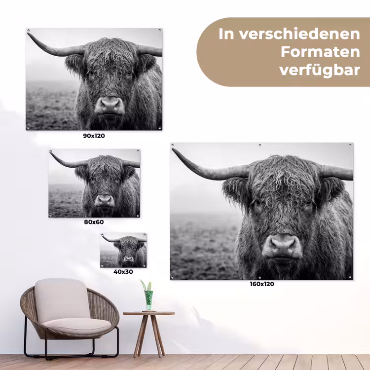 Schotse hooglander - Zwart - Wit - Gras tuinposter los doek klein -Xsfeer9_DE