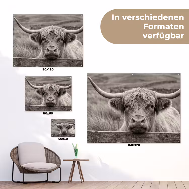 Schotse hooglander - Zwart - Wit - Hout tuinposter los doek klein -Xsfeer9_DE