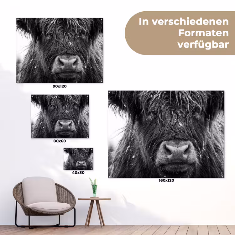 Schotse hooglander - Zwart - Wit - Sneeuwvlokken tuinposter los doek klein -Xsfeer9_DE