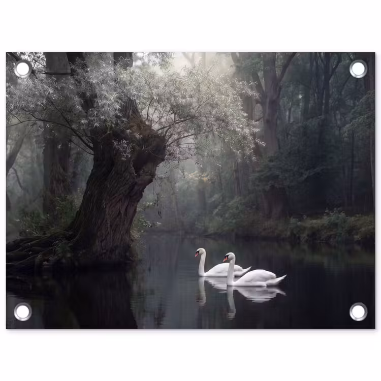 Zwanen - Rivier - Bos tuinposter los doek klein -3d