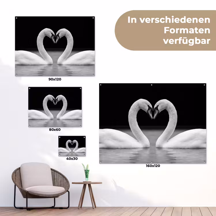 Zwanen - Hart - Zwart - Wit tuinposter los doek klein -Xsfeer9_DE
