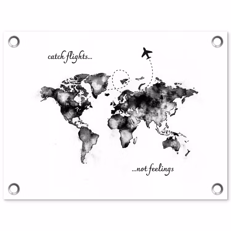 Zwart - Quote - Wereldkaart - Vliegen tuinposter los doek klein -3d