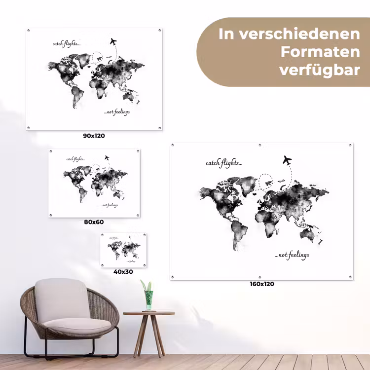 Zwart - Quote - Wereldkaart - Vliegen tuinposter los doek klein -Xsfeer9_DE