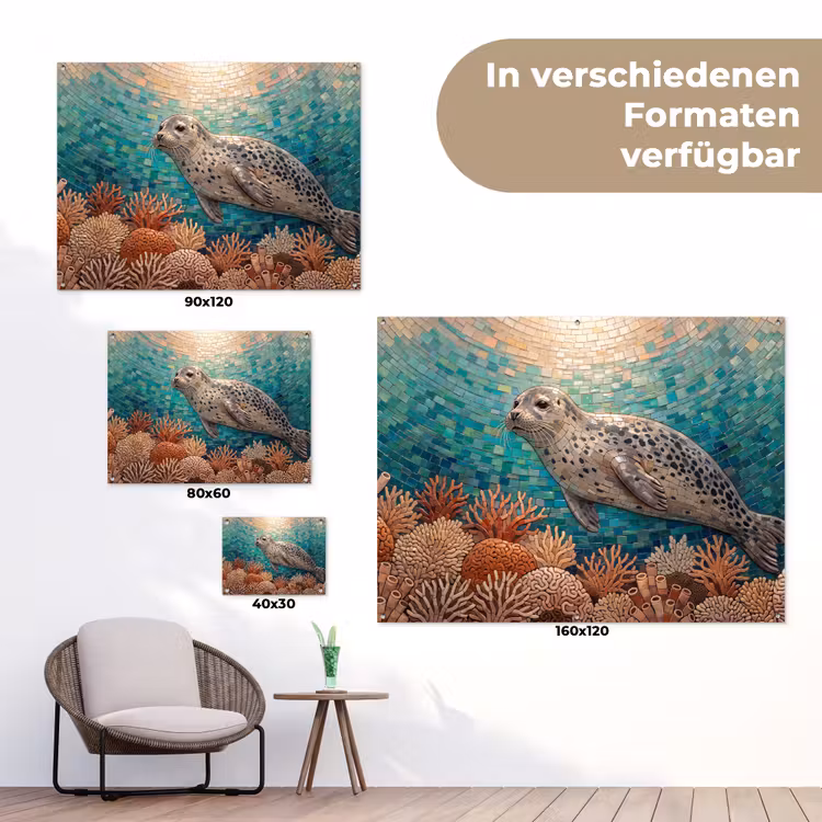 Zeehond - Mozaïek - Onderwater - Dieren - Blauw tuinposter los doek klein -Xsfeer9_DE