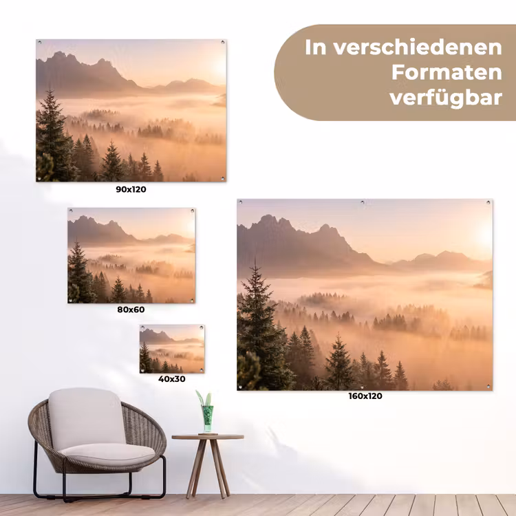 Zonlicht - Mist - Bergen - Bomen tuinposter los doek klein -Xsfeer9_DE