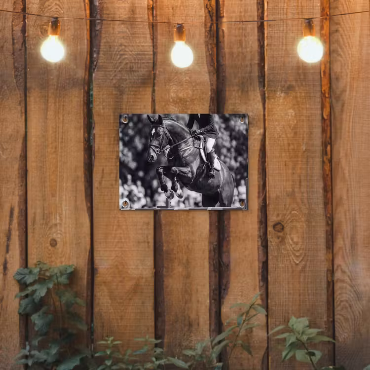 Springen - Paard - Zwart - Wit tuinposter los doek klein -sfeer1