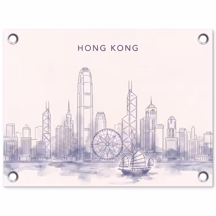 Stad - Skyline - Water - Lijntekening - Blauw tuinposter los doek klein -3d