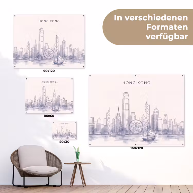 Stad - Skyline - Water - Lijntekening - Blauw tuinposter los doek klein -Xsfeer9_DE
