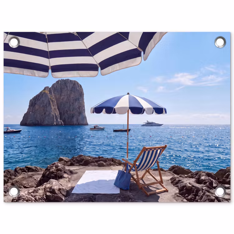 Strand - Ligstoel - Parasol - Zomer - Blauw tuinposter los doek klein -3d