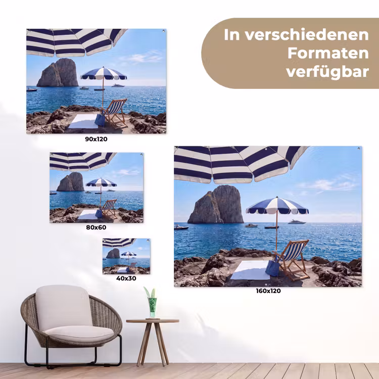 Strand - Ligstoel - Parasol - Zomer - Blauw tuinposter los doek klein -Xsfeer9_DE