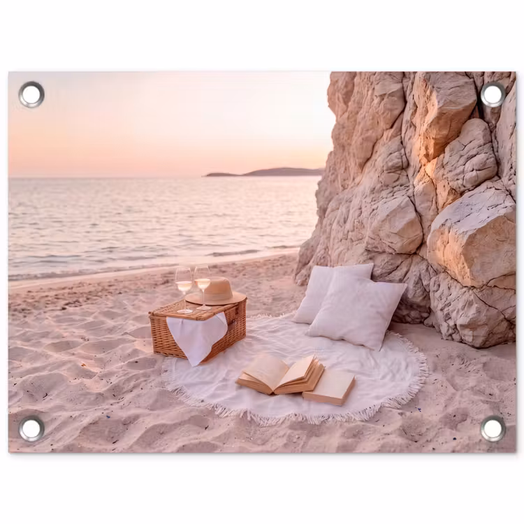 Strand - Picknick - Zonsondergang - Zomer - Natuur tuinposter los doek klein -3d