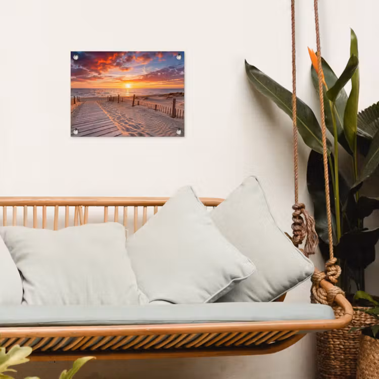 Strand - Zonsondergang - Zee - Natuur - Oranje tuinposter los doek klein -sfeer7