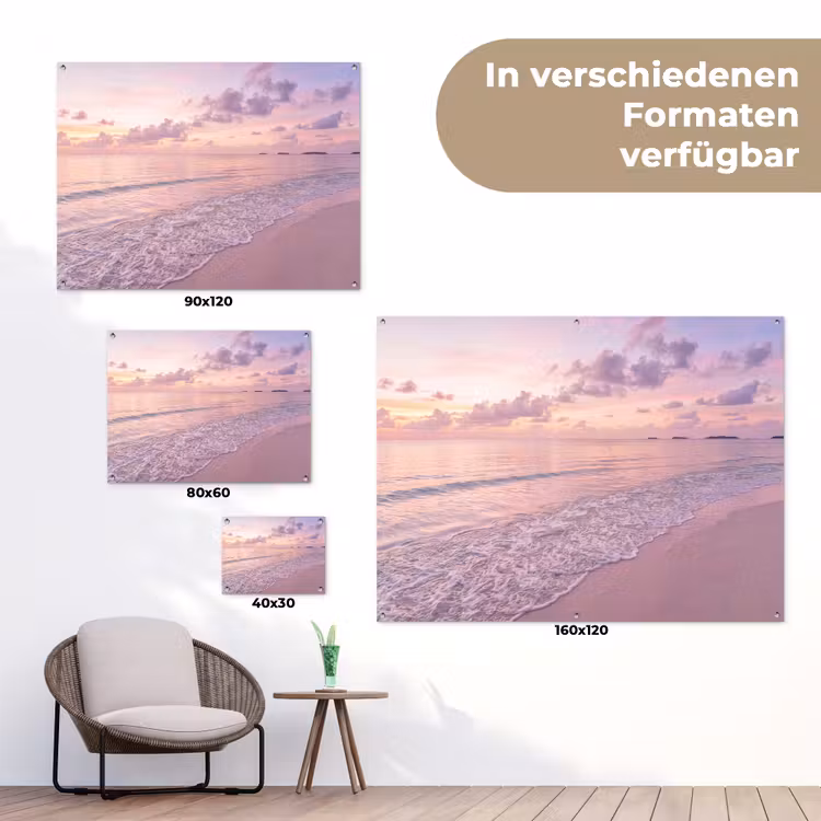 Strand - Zonsondergang - Natuur - Minimalistisch - Roze tuinposter los doek klein -Xsfeer9_DE
