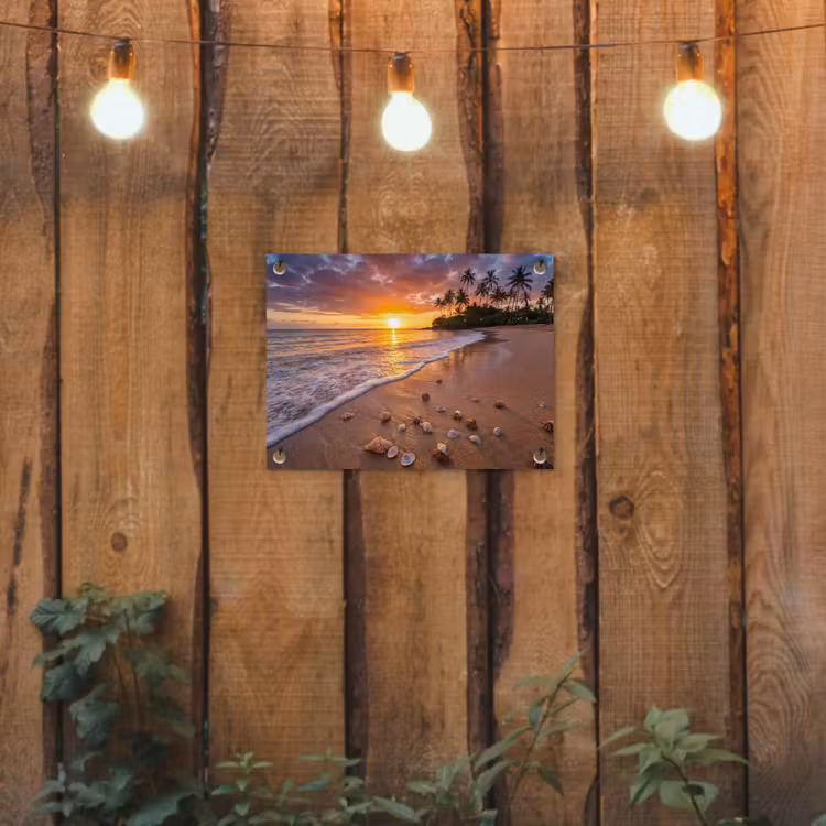 Strand - Zonsondergang - Palmbomen - Natuur - Oranje tuinposter los doek klein -sfeer1
