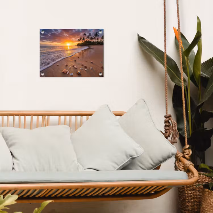Strand - Zonsondergang - Palmbomen - Natuur - Oranje tuinposter los doek klein -sfeer7