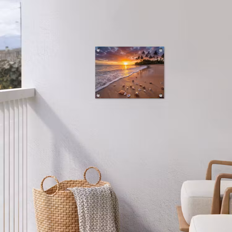 Strand - Zonsondergang - Palmbomen - Natuur - Oranje tuinposter los doek klein -sfeer8