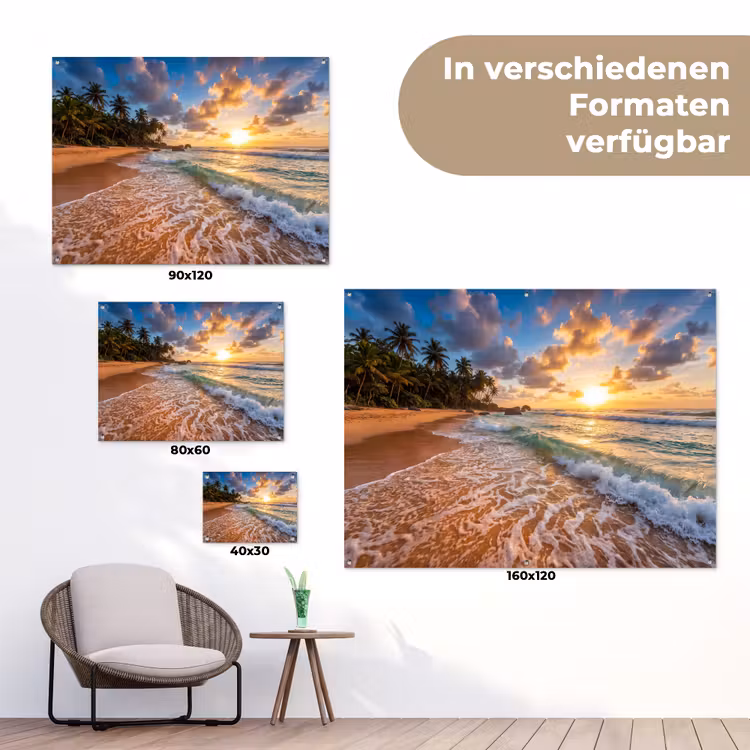 Strand - Zonsondergang - Golven - Natuur - Goud tuinposter los doek klein -Xsfeer9_DE