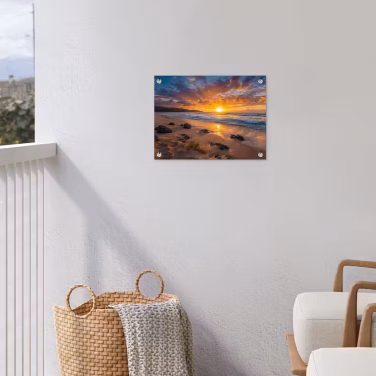 Strand - Zonsondergang - Golven - Natuur - Oranje tuinposter los doek klein -sfeer8