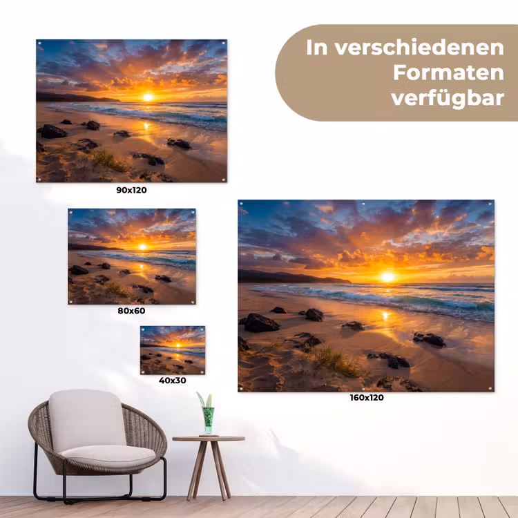 Strand - Zonsondergang - Golven - Natuur - Oranje tuinposter los doek klein -Xsfeer9_DE