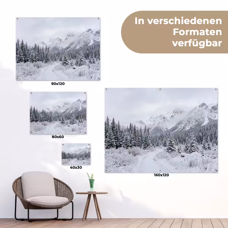 Weg - Bergen - Sneeuw - Naaldbos - Avontuurlijk tuinposter los doek klein -Xsfeer9_DE