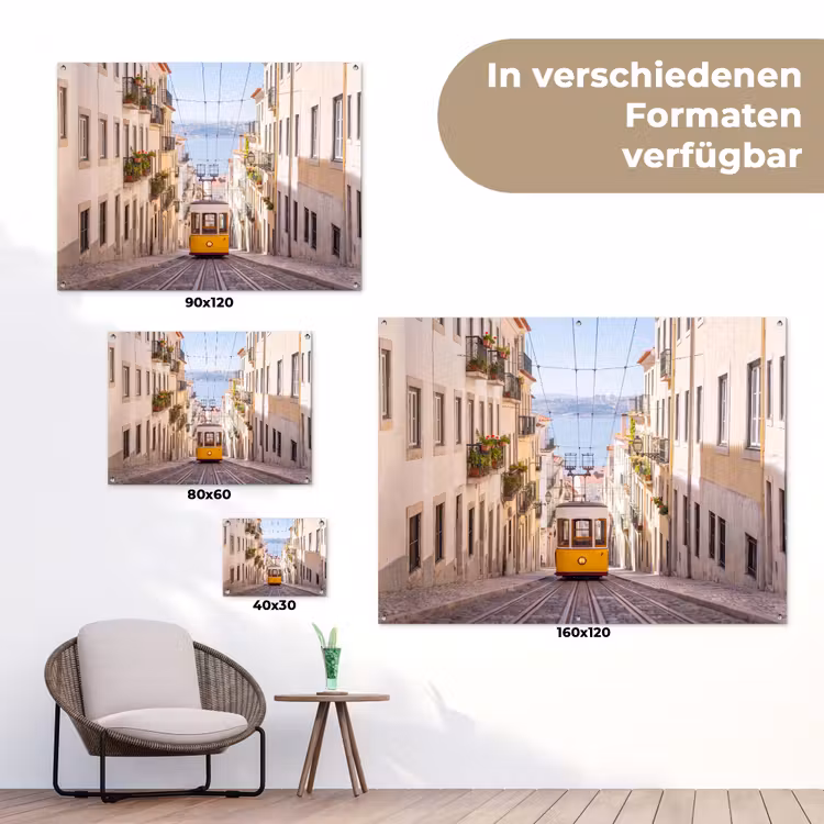 Tram - Straat - Stad - Architectuur - Geel tuinposter los doek klein -Xsfeer9_DE