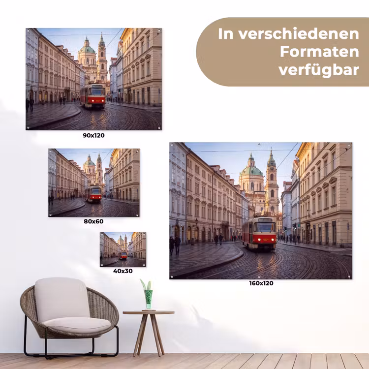 Tram - Straat - Stadsgezicht - Klassiek - Rood tuinposter los doek klein -Xsfeer9_DE