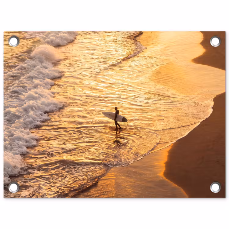 Surfer - Strand - Zonsondergang - Oceaan - Goud tuinposter los doek klein -3d