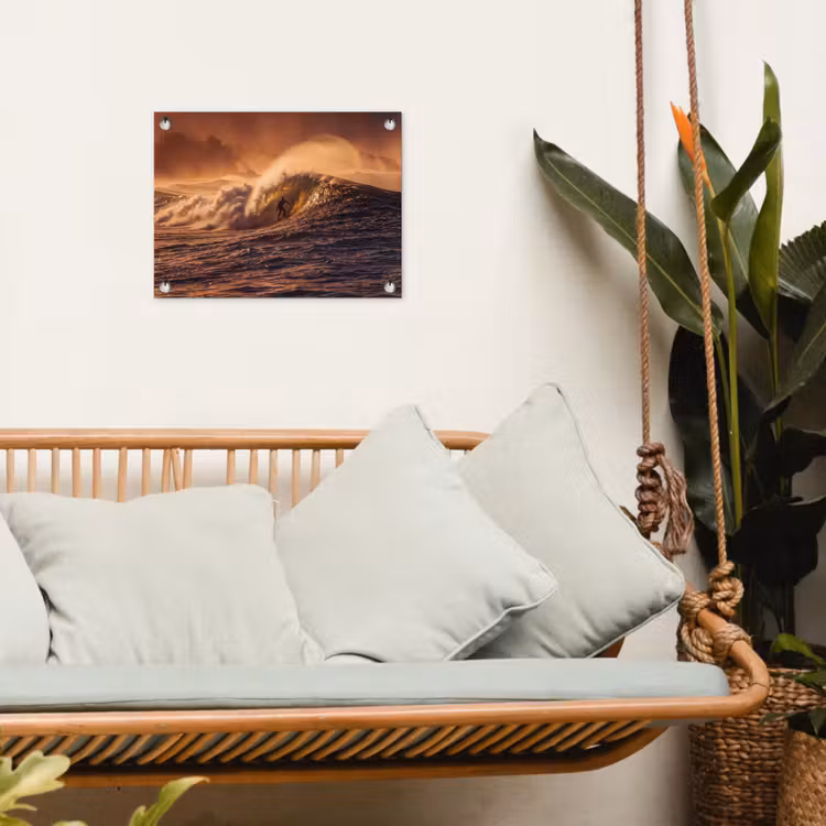 Surfer - Golf - Oceaan - Sport - Oranje tuinposter los doek klein -sfeer7