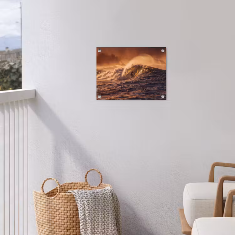 Surfer - Golf - Oceaan - Sport - Oranje tuinposter los doek klein -sfeer8
