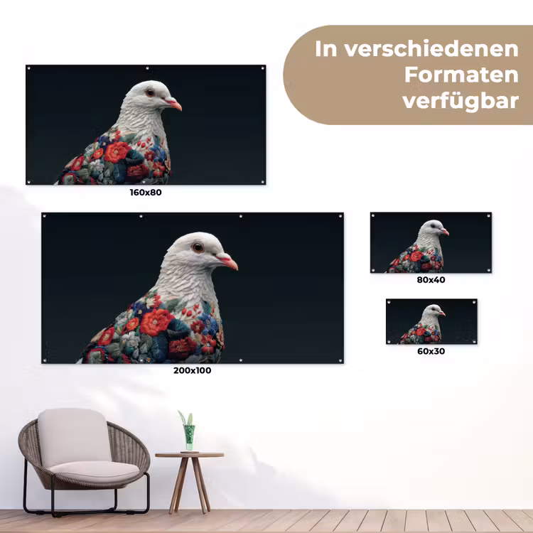 Duif - Bloemen - Wit - Zwart tuinposter los doek klein -Xsfeer9_DE