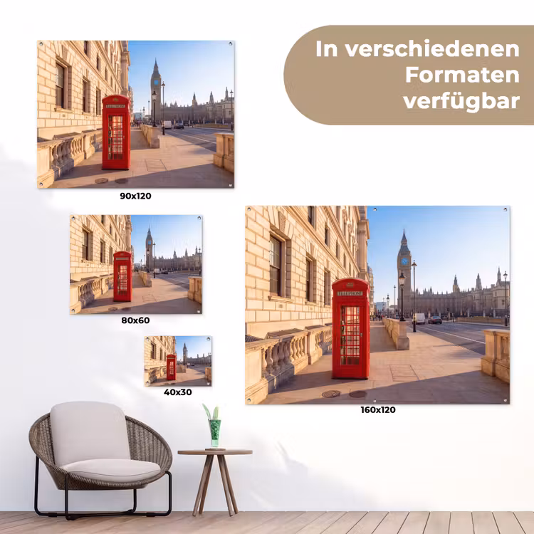 Telefooncel - Rood - Londen - Stad - Architectuur tuinposter los doek klein -Xsfeer9_DE