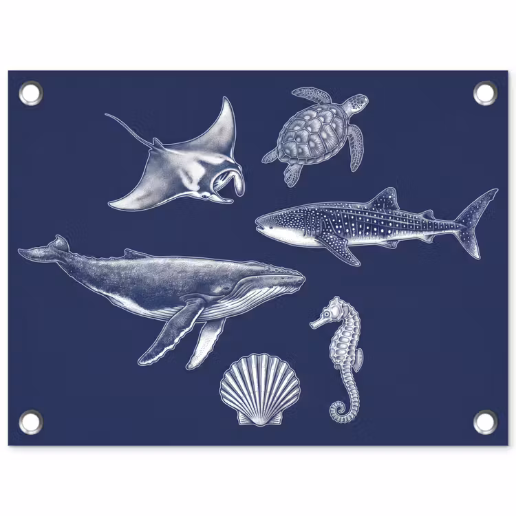 Dieren - Zeeleven - Oceaan - Graveren - Blauw tuinposter los doek klein -3d