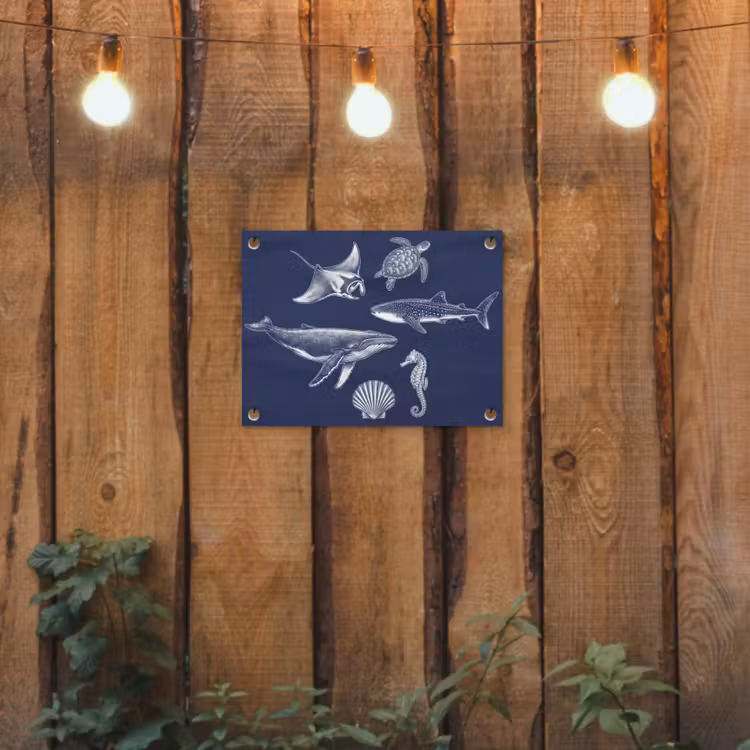 Dieren - Zeeleven - Oceaan - Graveren - Blauw tuinposter los doek klein -sfeer1