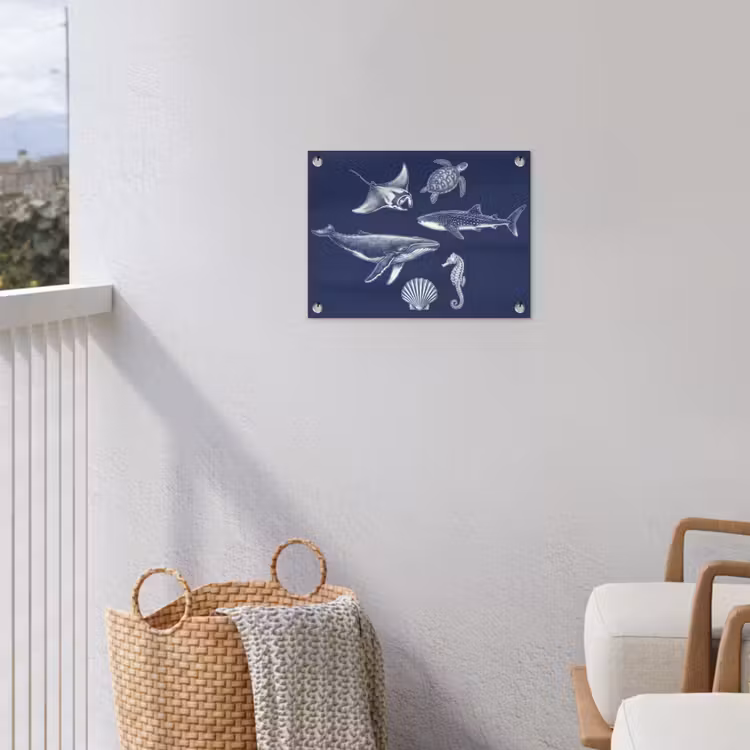 Dieren - Zeeleven - Oceaan - Graveren - Blauw tuinposter los doek klein -sfeer8