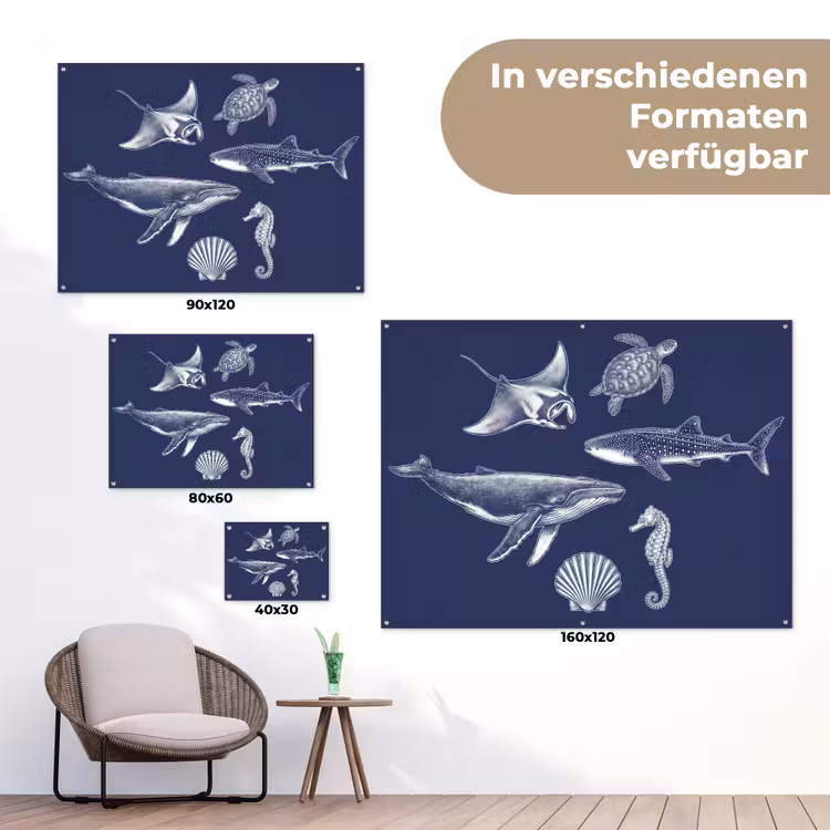 Dieren - Zeeleven - Oceaan - Graveren - Blauw tuinposter los doek klein -Xsfeer9_DE