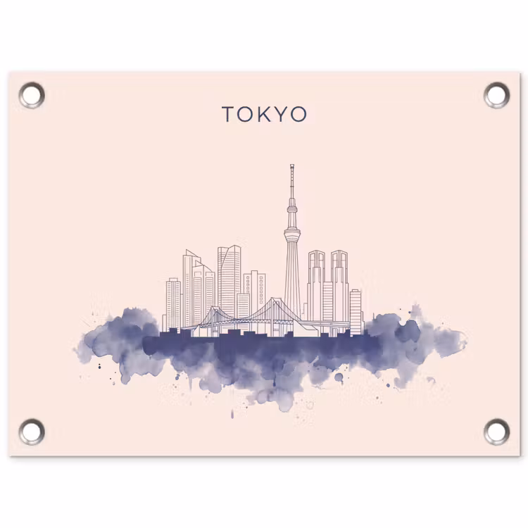 Tokyo - Skyline - Stad - Abstract - Blauw tuinposter los doek klein -3d