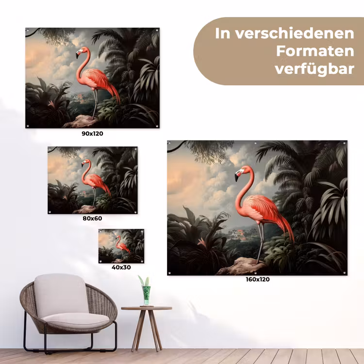 Tropisch - Flamingo - Roze - Bladeren tuinposter los doek klein -Xsfeer9_DE