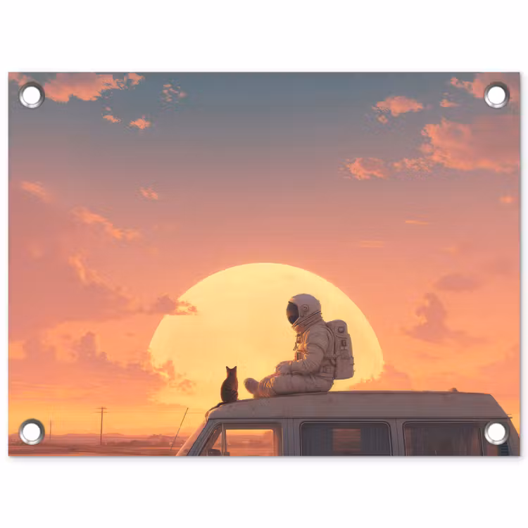 Busje - Kat - Zonsondergang - Oranje tuinposter los doek klein -3d