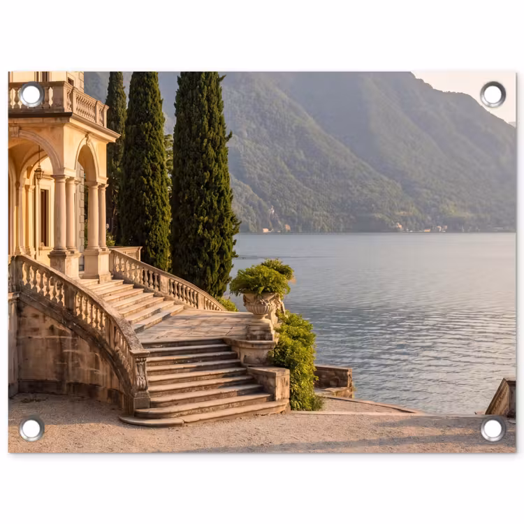 Gartenposter - Villa – Wasser – Treppen - Villa - water -trappen tuinposter los doek klein