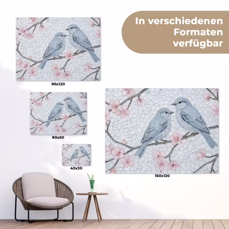 Vogel - Bloemen - Natuur - Mozaïek - Roze tuinposter los doek klein -Xsfeer9_DE