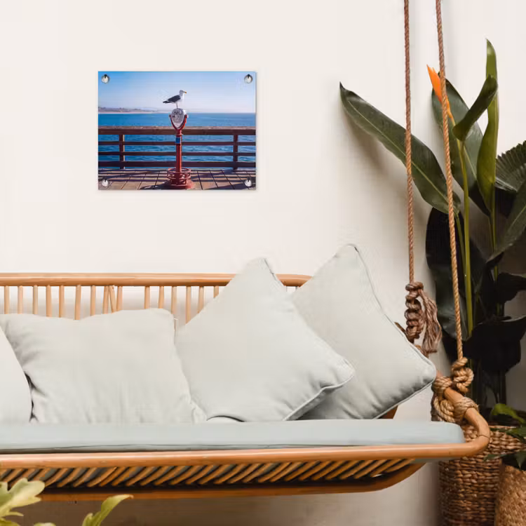 Vogel - Verrekijker - Kust - Zee - Blauw tuinposter los doek klein -sfeer7