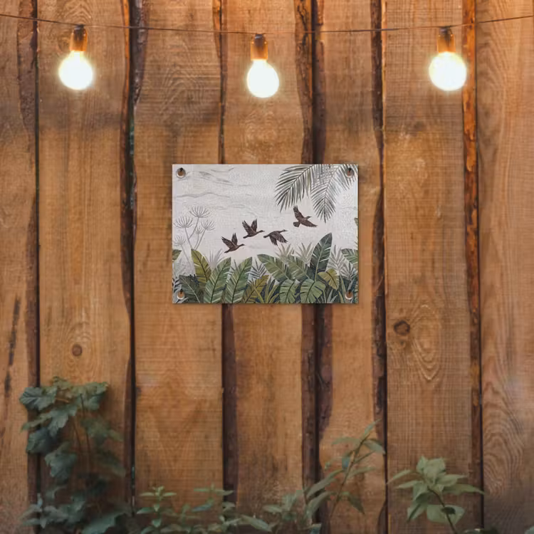 Vogel - Vliegend - Tropisch - Mozaïek - Groen tuinposter los doek klein -sfeer1