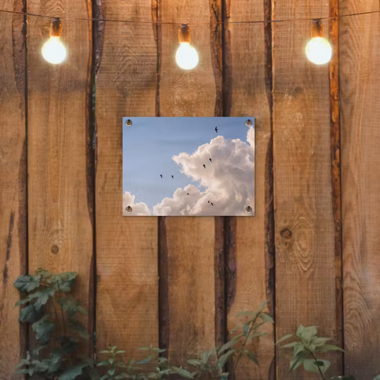 Vogel - Vlucht - Wolken - Natuur - Blauw tuinposter los doek klein -sfeer1