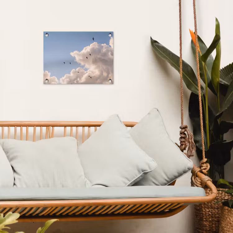 Vogel - Vlucht - Wolken - Natuur - Blauw tuinposter los doek klein -sfeer7