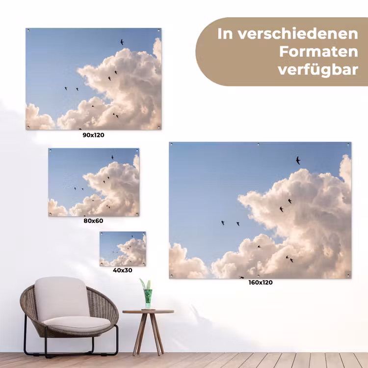 Vogel - Vlucht - Wolken - Natuur - Blauw tuinposter los doek klein -Xsfeer9_DE