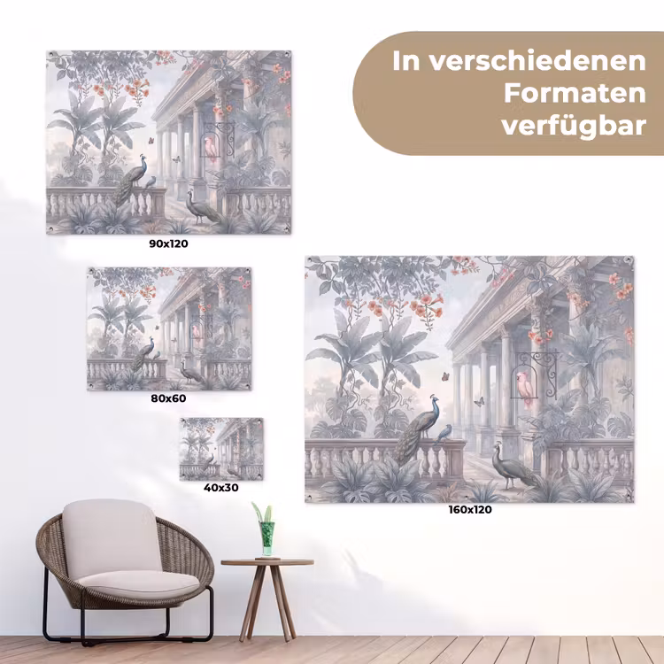 Vogel - Pauw - Architectuur - Klassiek - Groen tuinposter los doek klein -Xsfeer9_DE