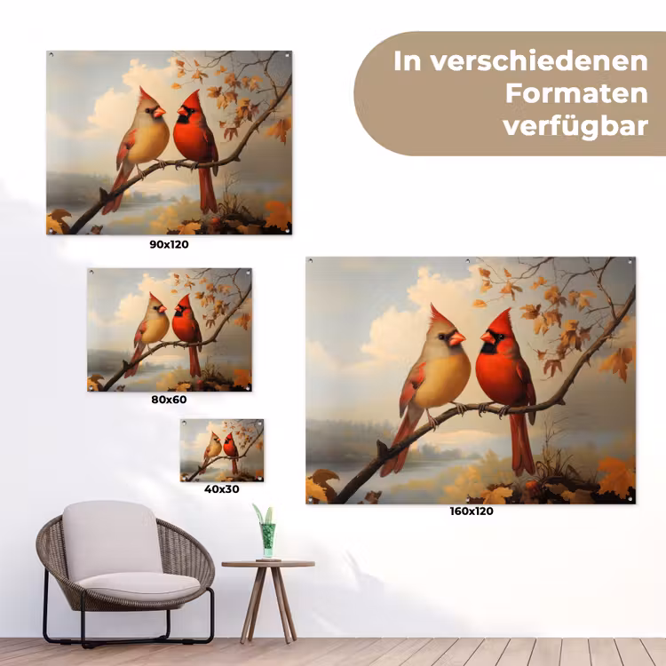 Vogels - Rood - Tak - Herfstbladeren tuinposter los doek klein -Xsfeer9_DE