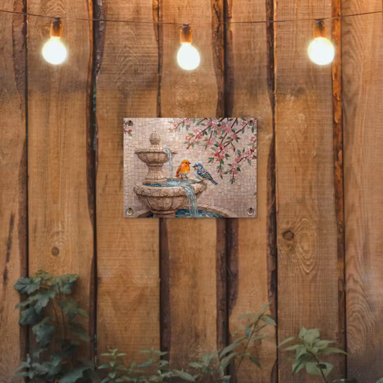 Vogel - fontein - mozaiek - kleurrijk - dieren tuinposter los doek klein -sfeer1